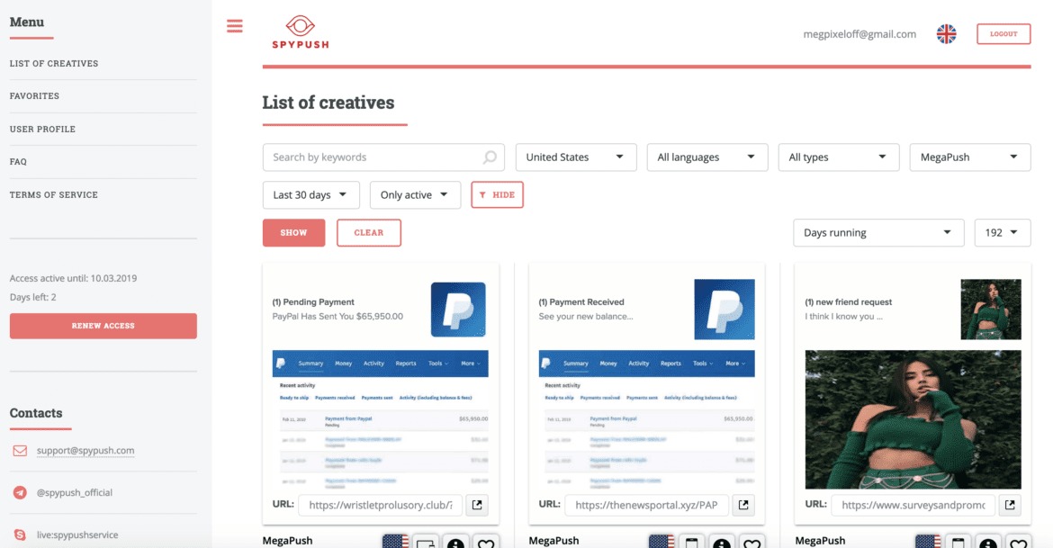 SpyPush is a spy tool created by media buyers for media buyers
