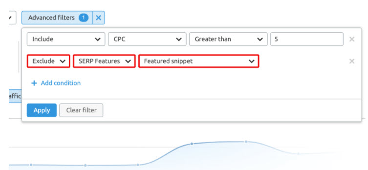 SEMRush - Organic search positions - SERP feature filter