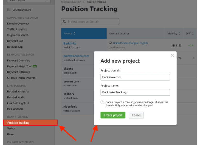 SEMRush - Position tracking - New project