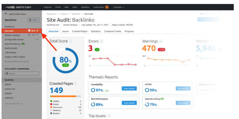 SEMRush - Site audit