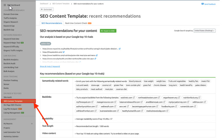 SEMRush - SEO Content Template - content analysis