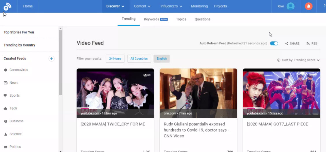 Trending feature at buzzsumo