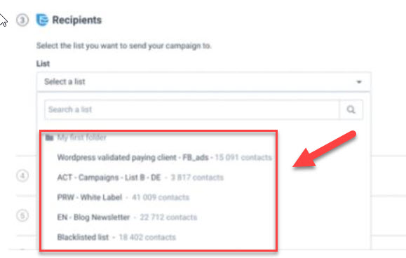 selection list of recipients emaili-rss campaign