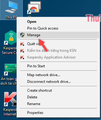 Right-click the This PC (My computer) icon and select Manage Right-click the This PC (My computer) icon and select Manage